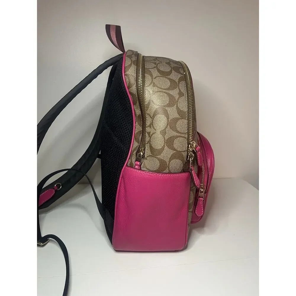 Coach Court Backpack In Signature Canvas With Bold Pink Refined Pebble Leather
